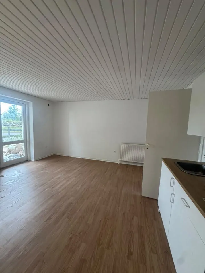 Lys stue med hvidt loft og trægulv